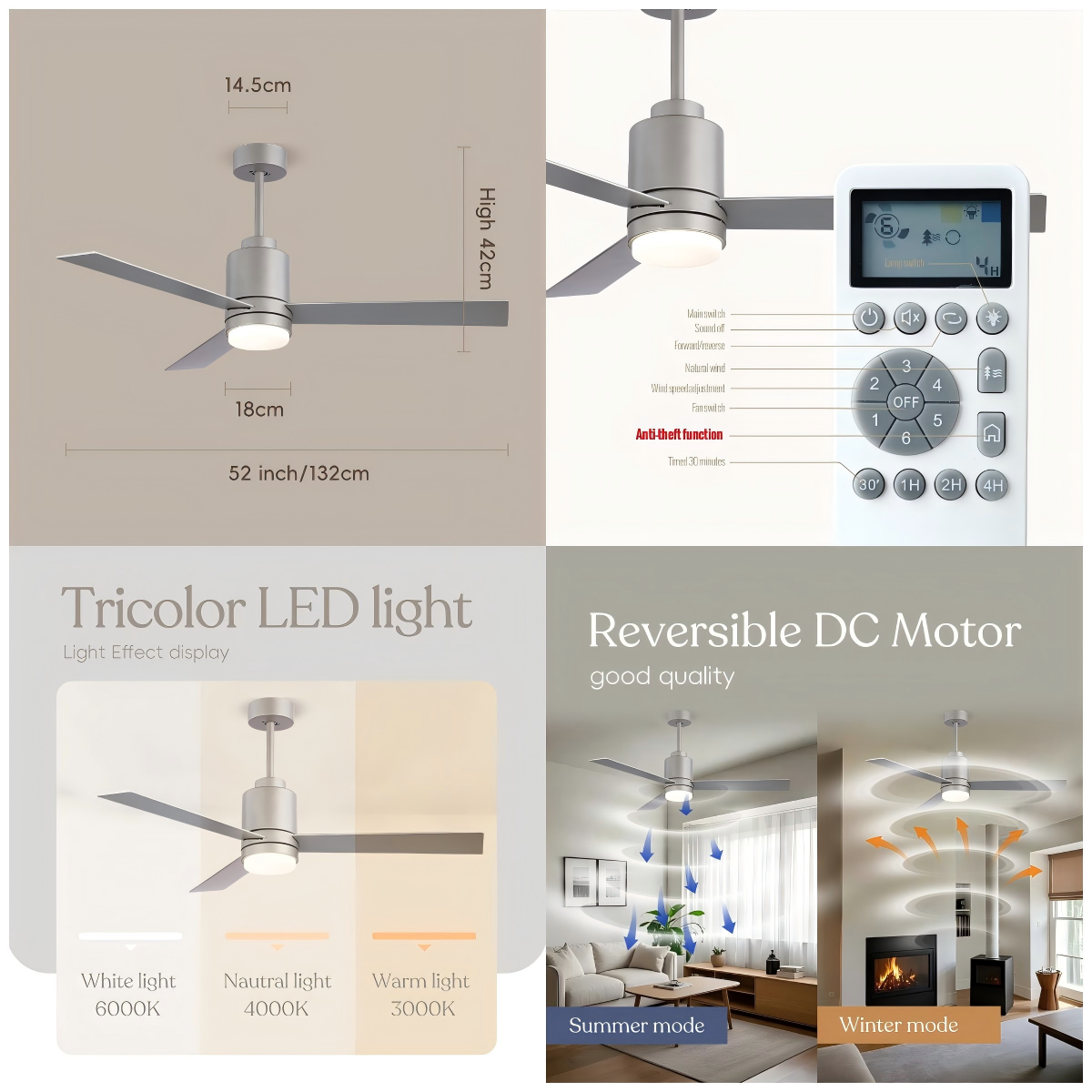 wholesale Unique 48 Inch 3 Iron Blade Powerful Decorative Lighting Ceiling Fan Bedroom Rotating Led Ceiling Fan With Light