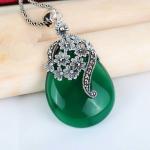 Thai 925 Silver Pendant Necklace Green Agate and Marcasite(JX467GREEN)