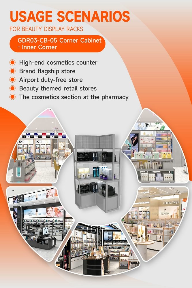 GDR03-CB-05 Inner Corner Cabinet with LED Strip Lights and Transparent Tempered Glass for Fashion Boutiques