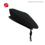 Black Soldier Wool Military Beret Hat Cap with Leather Binding