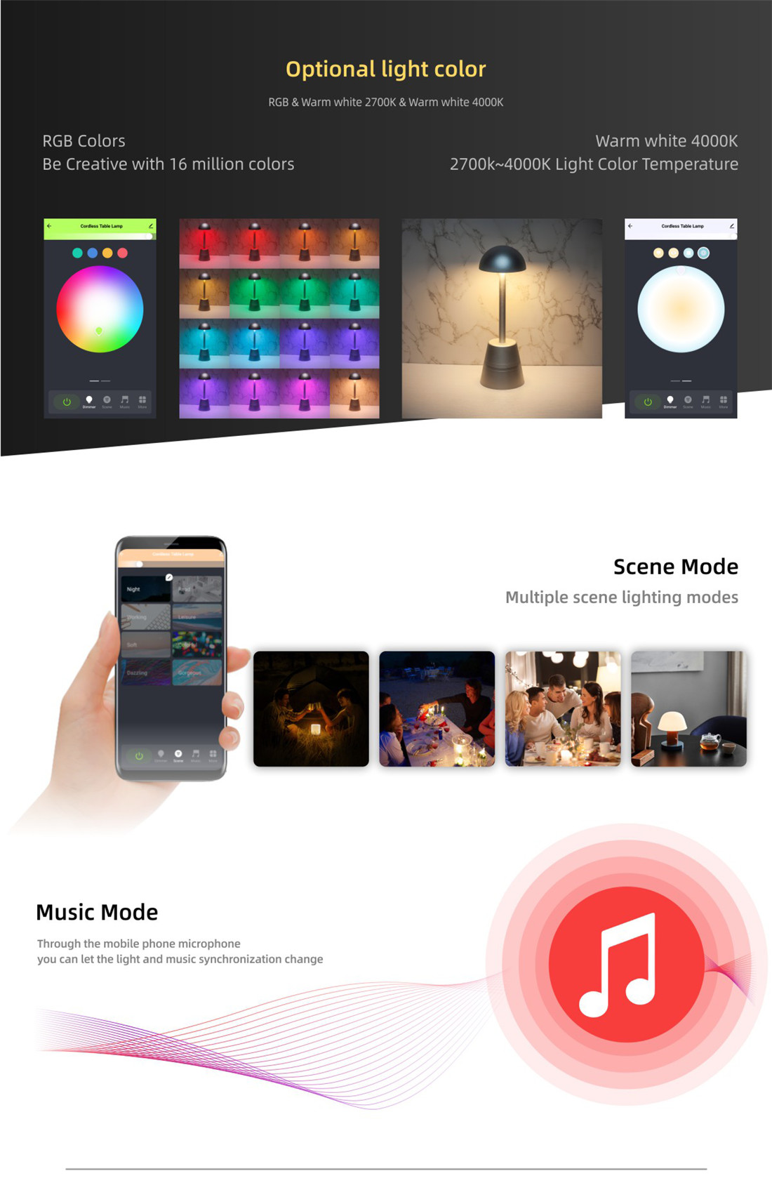 Wifi Portable Table Lamp App Control RGBW Night Light, Rechargeable for Bedrooms, Living Rooms and Office