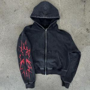 China Custom Logo Screen Print Distressred No Drawstring Double Zip Up Acid Wash Heavy Weight Boxy Cropped Hoodie Men factory