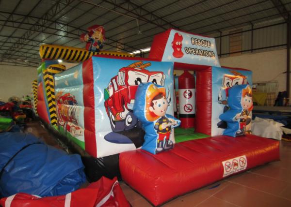 Inflatable Rescue Fire Truck Bouncy Castle Obstacle Course , Obstacle Course