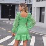 Long-Sleeved New Green Puff Sleeves Elegant Sweetheart Neck Ruched Ruffle Hem