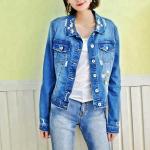 Fancy Embroidery Jeans Coat For Women , Stretch Ladies Blue Denim Jacket