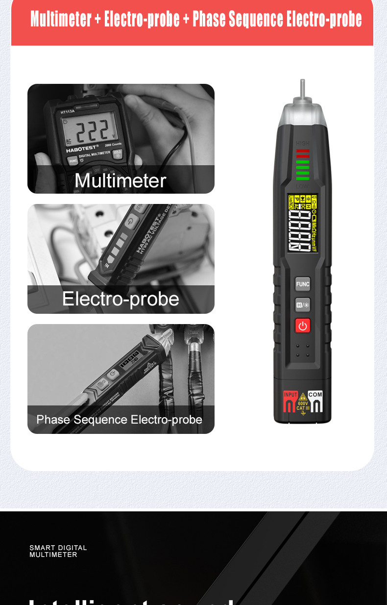 HT122 Digital Pen Type Multimeter DC AC Voltage Tester Smart Multi-meter NCV Phase Sequence Auto Ranging Multimetre