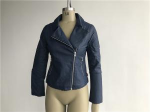 China Navy Ladies PU Jacket , Pleather Biker Jacket Asymmetrical Zip Through LEDO1737 factory