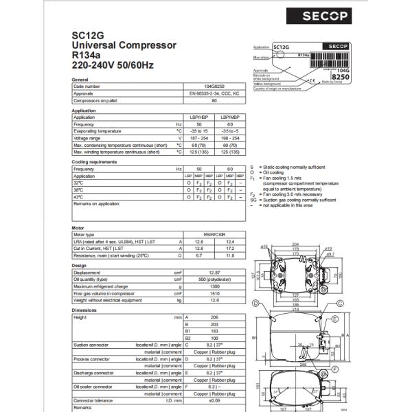 Danfoss Secop Ac Rotary Compressor SC12G R134a 220 - 240 V 50 / 60 Hz