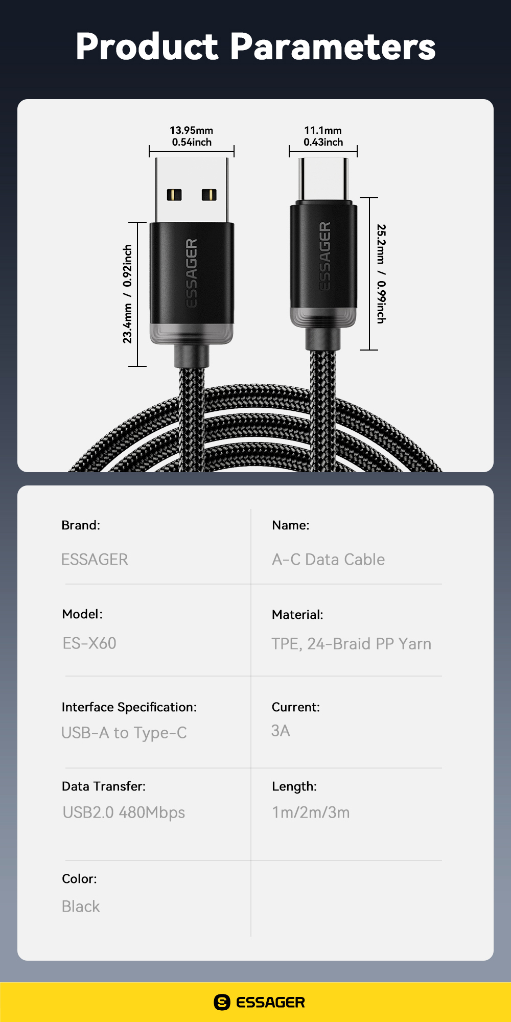 ESSAGER ES-X60 Series 60W USB A to C Charging Cord Best USB C Cable
