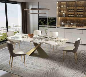 China Bright Rock Board Small Apartment Dining Table Chair Sets Nordic Modern Light Luxury Bronze Dining Room Set factory