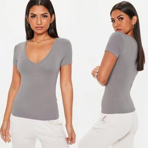 China Grey V Neck Fitted T Shirt Clothing Women factory