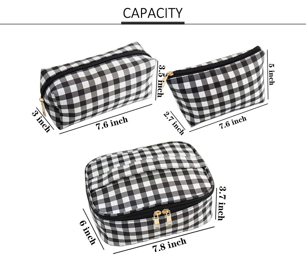 3pcs Black White Plaid Polyester Waterproof Makeup Bag