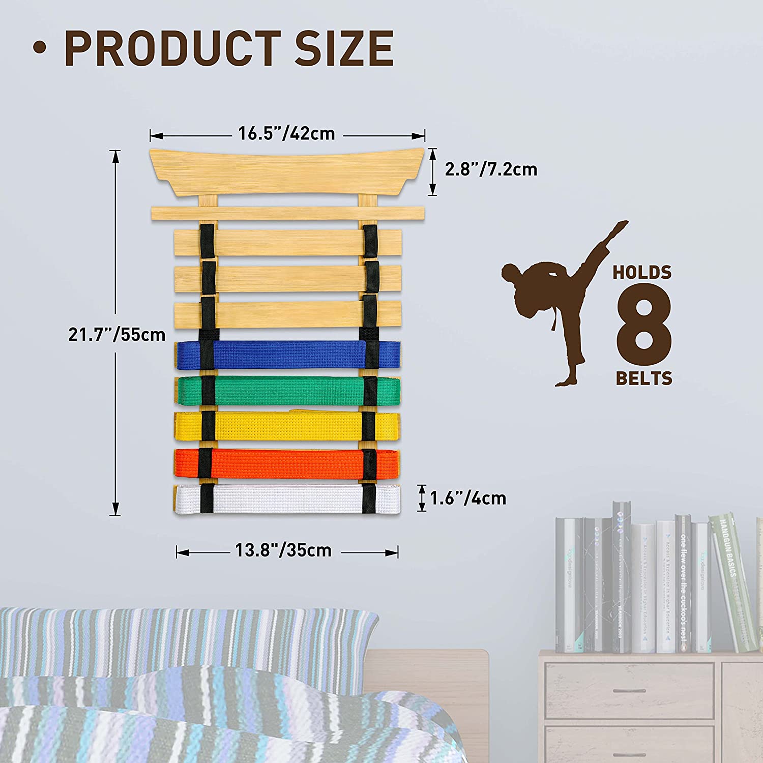 Pinewood Martial Arts Belt Display Rack Wall Mounted Bamboo Karate Belt Display Rack