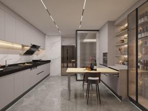 China Elegant Grey Stainless Steel Kitchen Cabinet With Wine Storage And Extendable Table factory