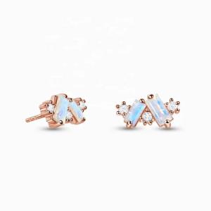 China Rainbow Moonstone Earrings Baguette cut Natural Moonstone Stud Earring Jewelry factory