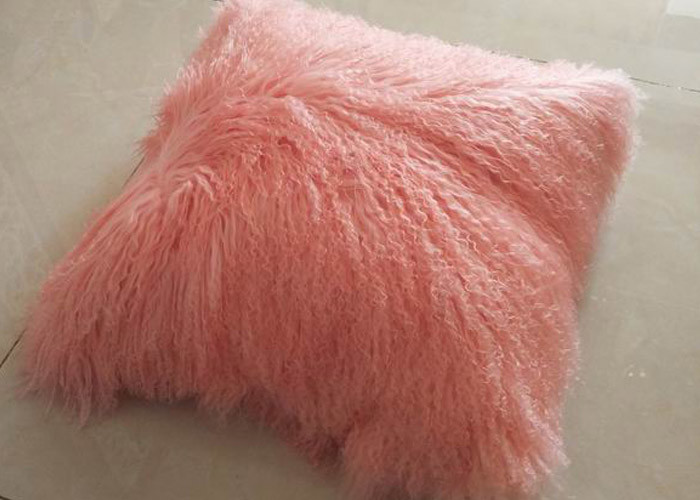 Mongolian fur Pillow Long Lamb Wool Cushion Genuine Tibet Curly Fur Pillow Pink