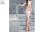 Long Sleeve Gold Sequin Mermaid Prom Dress Special Sequins Fabric Zipper No Tail