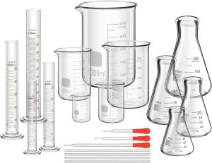 China Lab Glassware Include 4 Graduated Cylinder Set, 4 Glass Beaker Set, 3 Glass Dropper, 4 Stirring Rod, 5 Measuring Cups factory