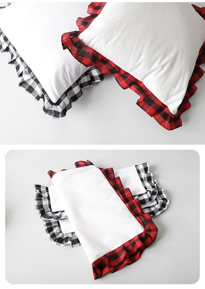 Sublimation Pillow Cover Blanks Heat Transfer Printed Plaid With Ruffled Lace