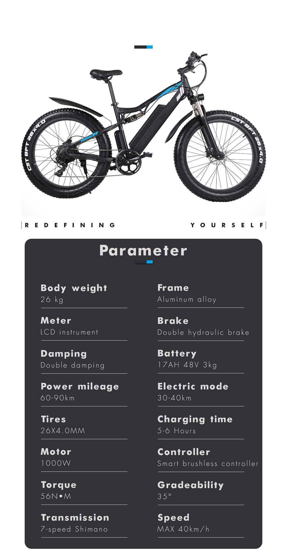 48V 17Ah 1000W Electric Fat Tire Bike 7 Speed Double Suspension Electric Bike