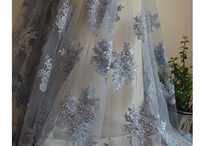 Blue Flower Embroidery Pearl Corded Lace Fabric With Eyelash Edge For Gown