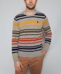 Men's 100% lambswool knitted Striped Sweater with woven elbow patch