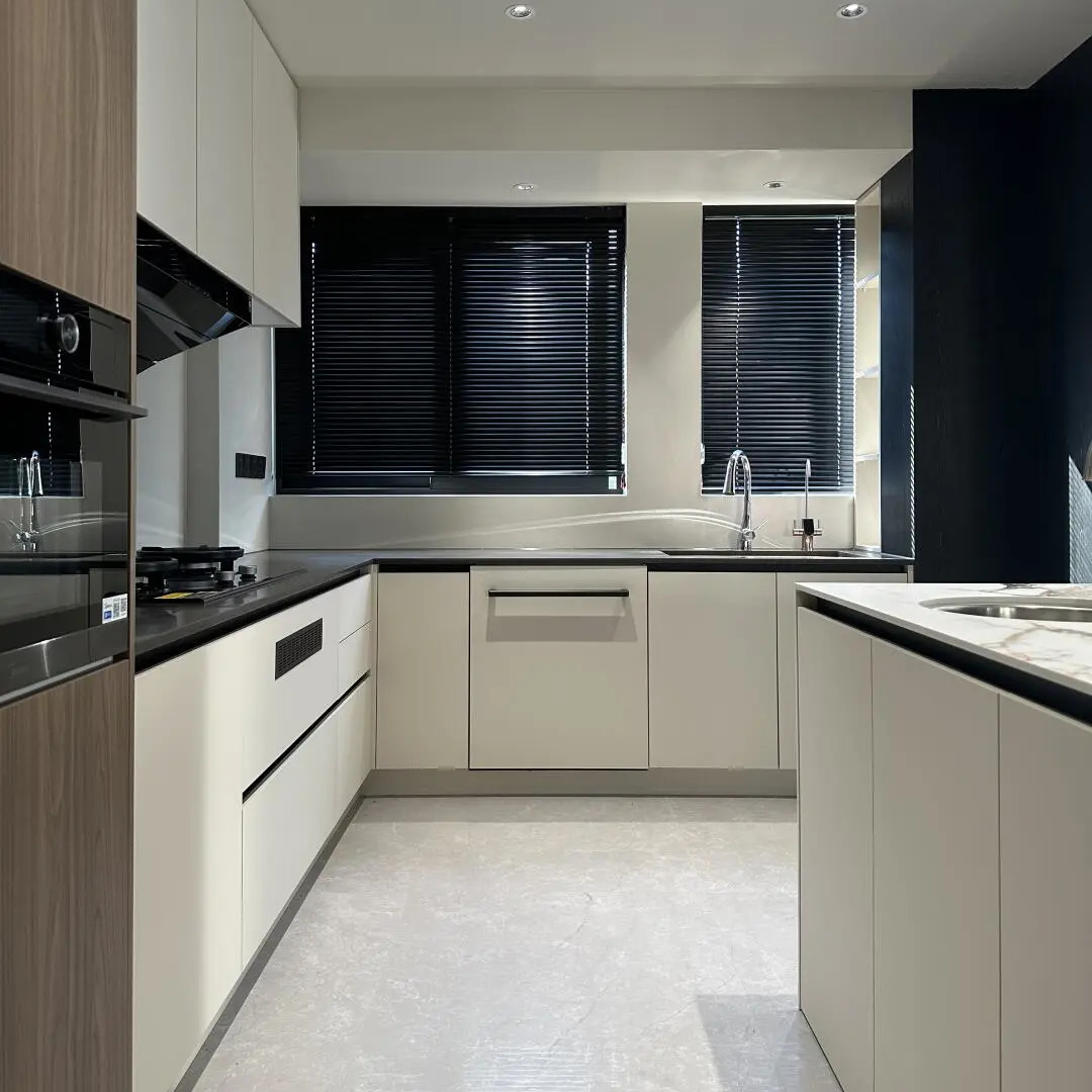 Customized Wooden Veneer And Matt Black Lacquer Modern Kitchen Cabinet Designs For Home Kitchen Cabinet