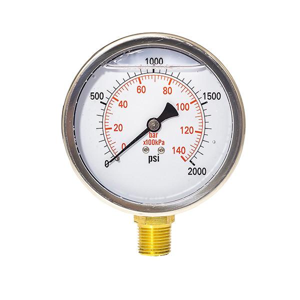 4 inch Liquid filled Pressure Gauge,0-2000 psi/bar/kpa ,lower mount, 1/2 NPT,