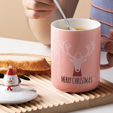 New Festival Mug Christmas Round Santa Claus Lid Stainless Steel Spoon Elk Pattern Ceramic Mug With Cover
