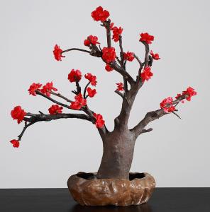 China Wedding Home Decor Red Artificial Potted Floor Plants Plum Blossom Silk Flower factory