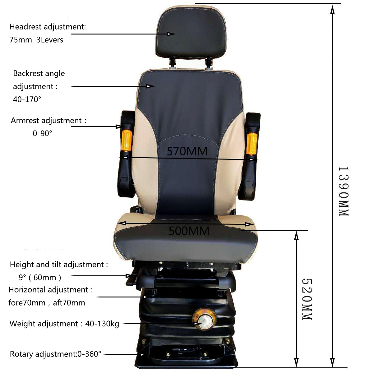 Offwhite Black Mechanical Suspension Seats M801 High Back Adjustable Driver Seat