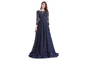 China Dark Blue Illusion Backless Long Sleeve Occasion Dresses For Women Party factory