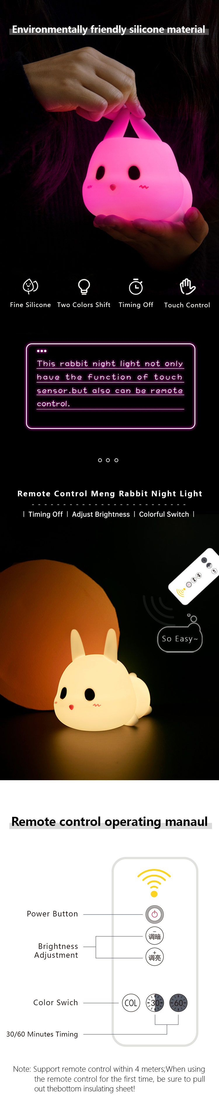 Creative Rabbit Silicone LED Night Light Colorful Changeable Light for Kids
