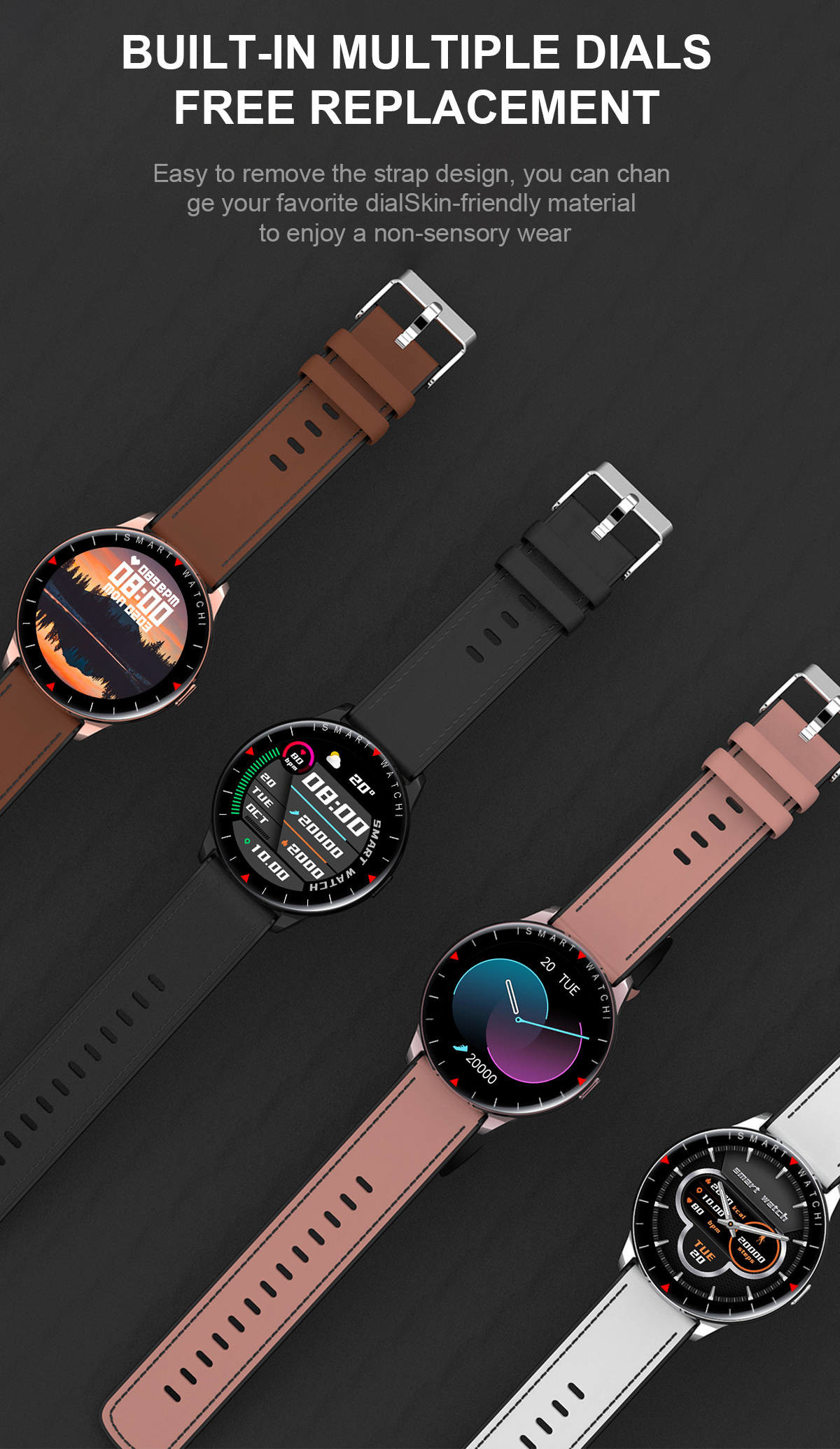Leather Strap Smart Sport Watch Calorie Consumption Blood Pressure Monitor For Women Men