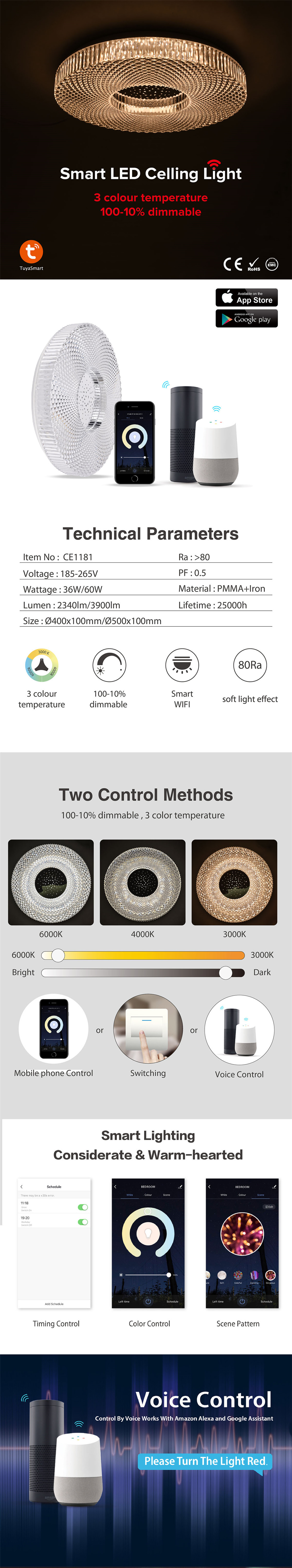 Smart Ceiling Lights, CCT + Dimmable(CE1181WF2, 36W)