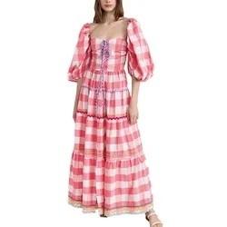 China                  Ladies Puff Sleeve Dress for Women Ruching Checks Clothing Manufacturers Elegant Cotton Custom Logo Maxi Dress              on sale