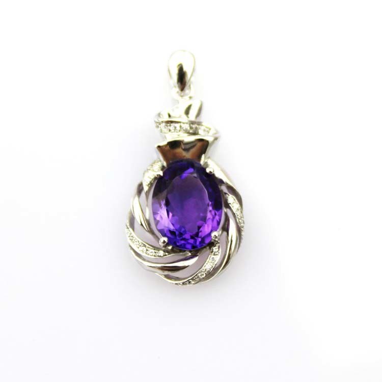 Sterling Silver Chain Necklace with 8x10mm Oval Amethyst Cubic Zircon Pendant (P45)
