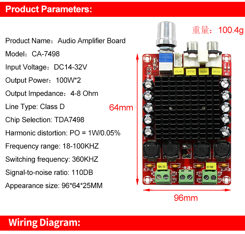 CA-7498 2*100W Dual Channel Power Amplifier Board for Home Stereo TDA7498 Audio Board