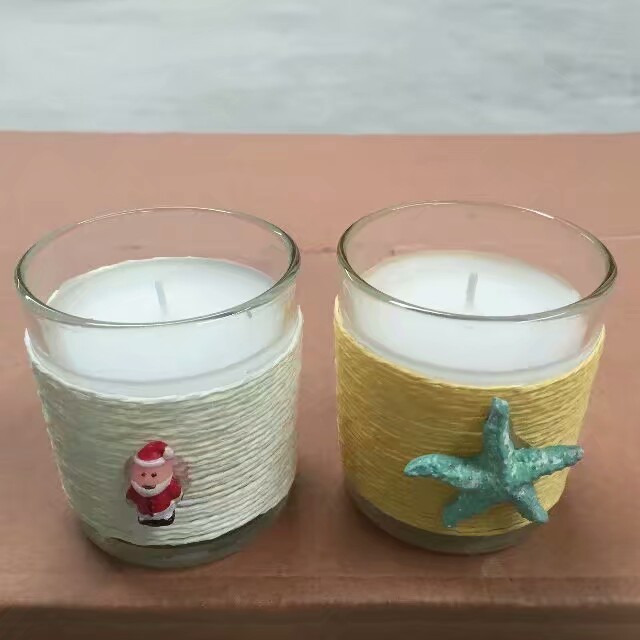 Decor home unscented glass candle with color wrapping rope and small ornaments