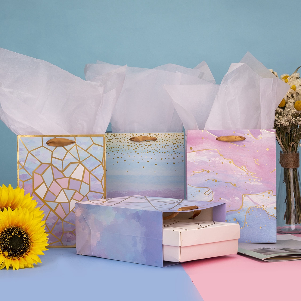 Designer Folding Glossy Shopping Paper Bag With Ribbon Handle and Gravure Printing