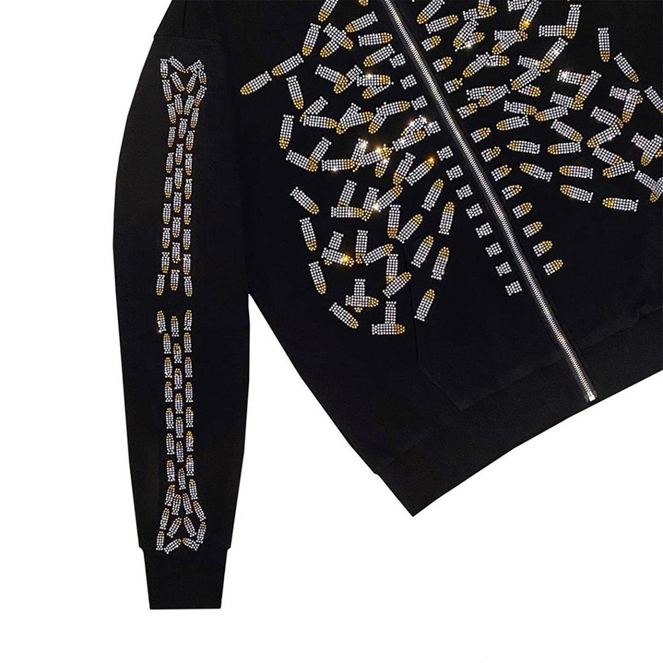 800 grams Hooded Zip Up Sweatshirt Men's Gothic Rhinestone Skull Graphic Print Jacket