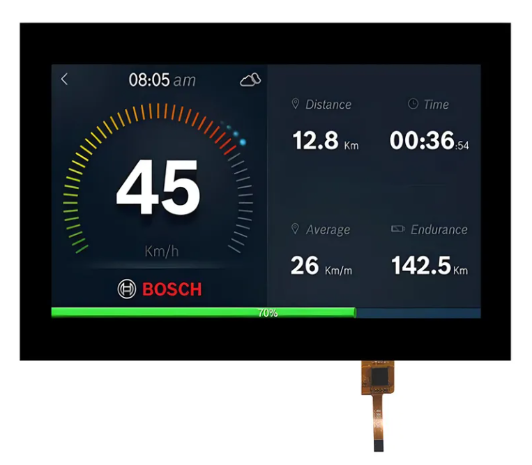 Close-up view of 7-inch TFT LCD display connectors and interface