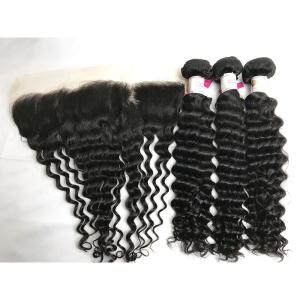 China Black 100% Brazilian Virgin Remy Hair Deep Wave 3 Bundles With 13x4 Lace Frontal factory