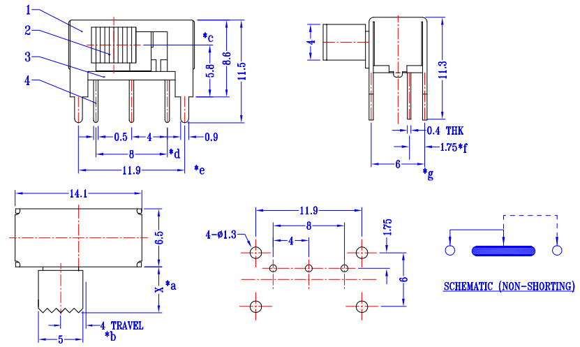 Toggle Switch, Horizontal 8 Pin Sliding Switch ， Interruptor On-Off Mini Slide Switch，Right Angle Slide Switch