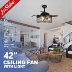 42 Inches Farmhouse Bedroom Invisible Ceiling Fan With Lights And Remote Control