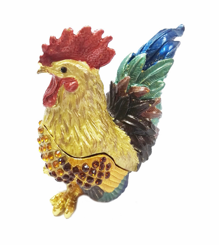 Metal enamel beautiful rooster figure status jewelry box for cock year gifts