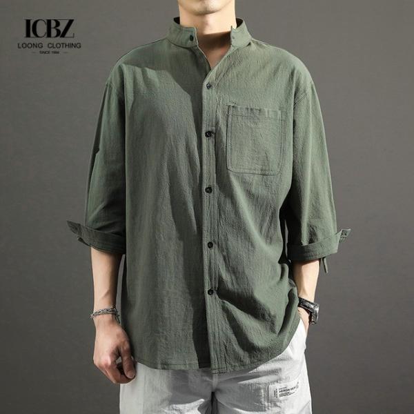 Solid Pattern Formal Men's Shirt Long-Sleeved Cotton Linen Chinese Style Loose