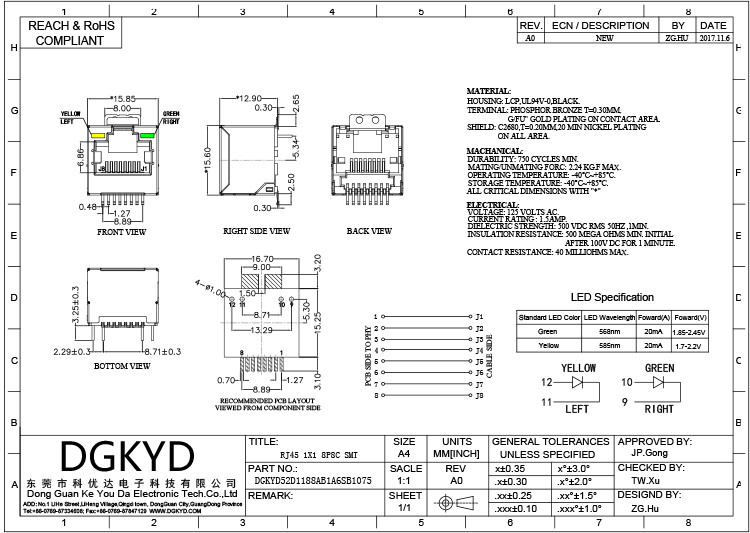 DGKYD52D1188AB1A6SB1075 RJ45 Network Port Connector LCP 1X1 8P8C G/FU Smt With Light