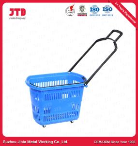 China Blue Plastic Shopping Trolley Baskets 60L Supermarket Basket With Wheels factory