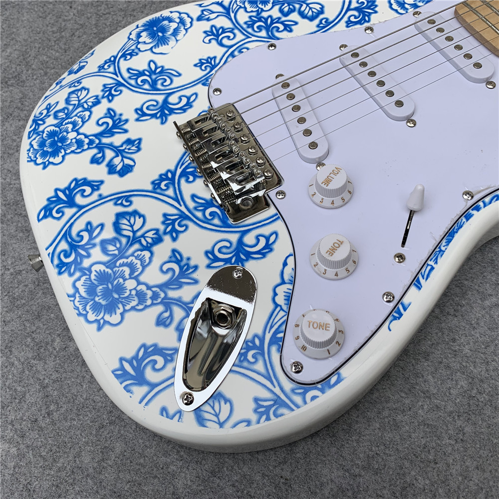 High Quality blue and white porcelain electric guitar white guitar birthday present free shipping